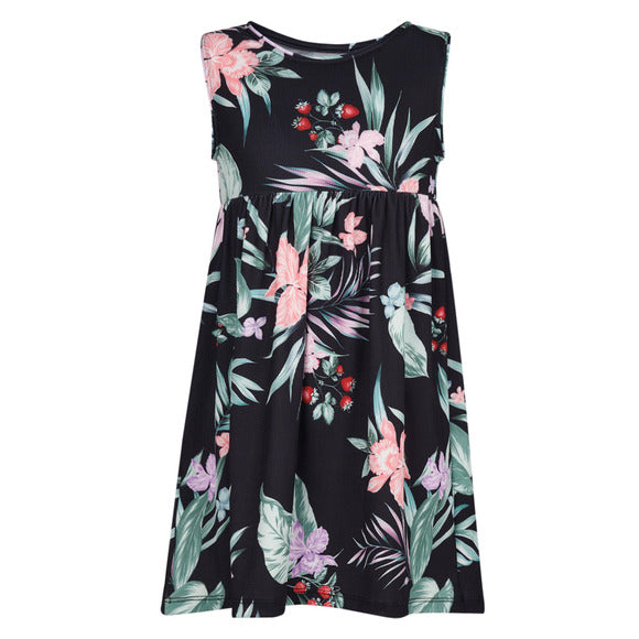 Robe de plage - Mandarine & Co noire à rayures fines avec motifs floraux multicolores, sans manches, vue de face.