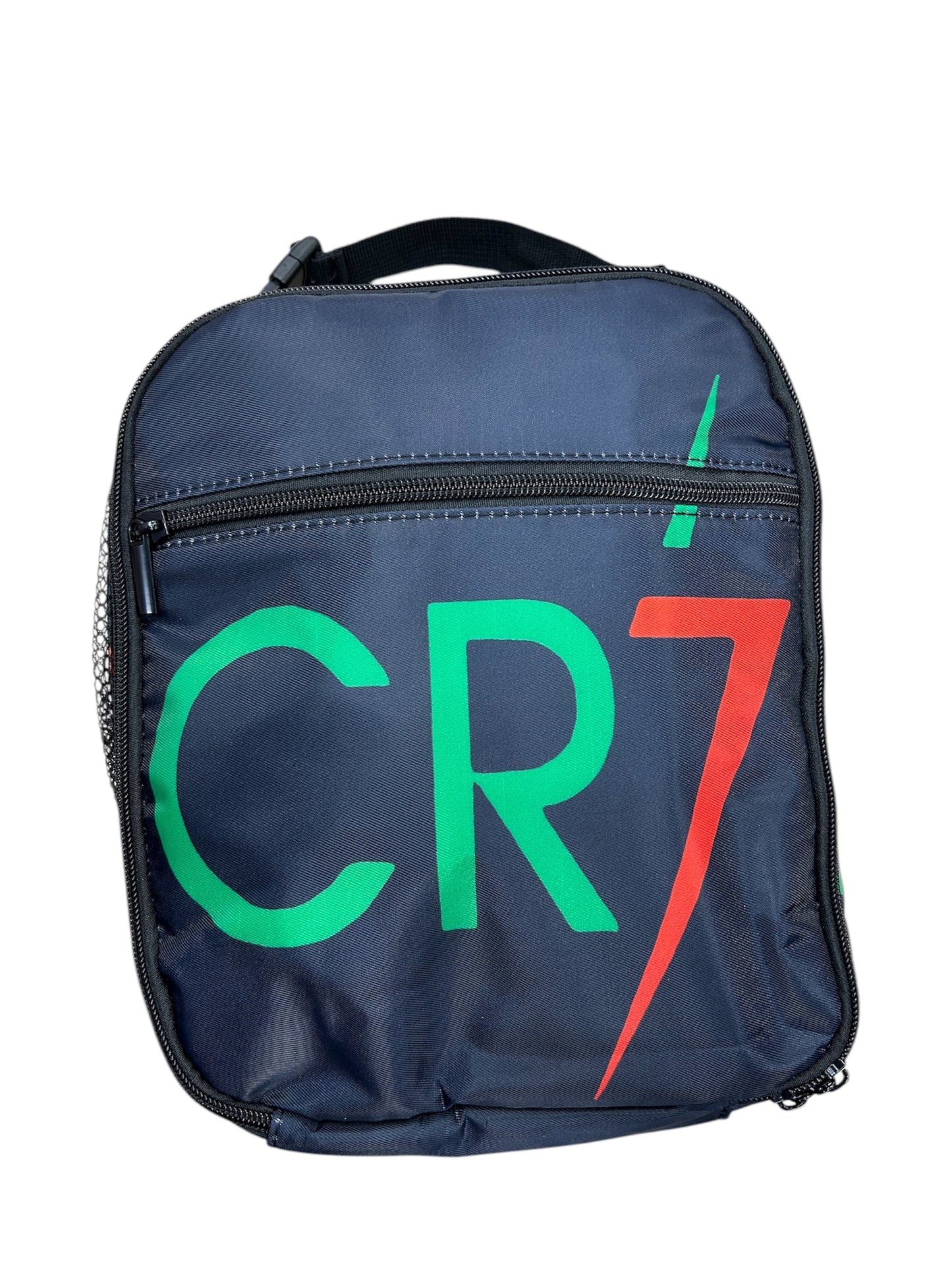 Boite à lunch - CR7 bleue marine avec logo vert et rouge, fermeture zippée, pour enfant, vue de face.