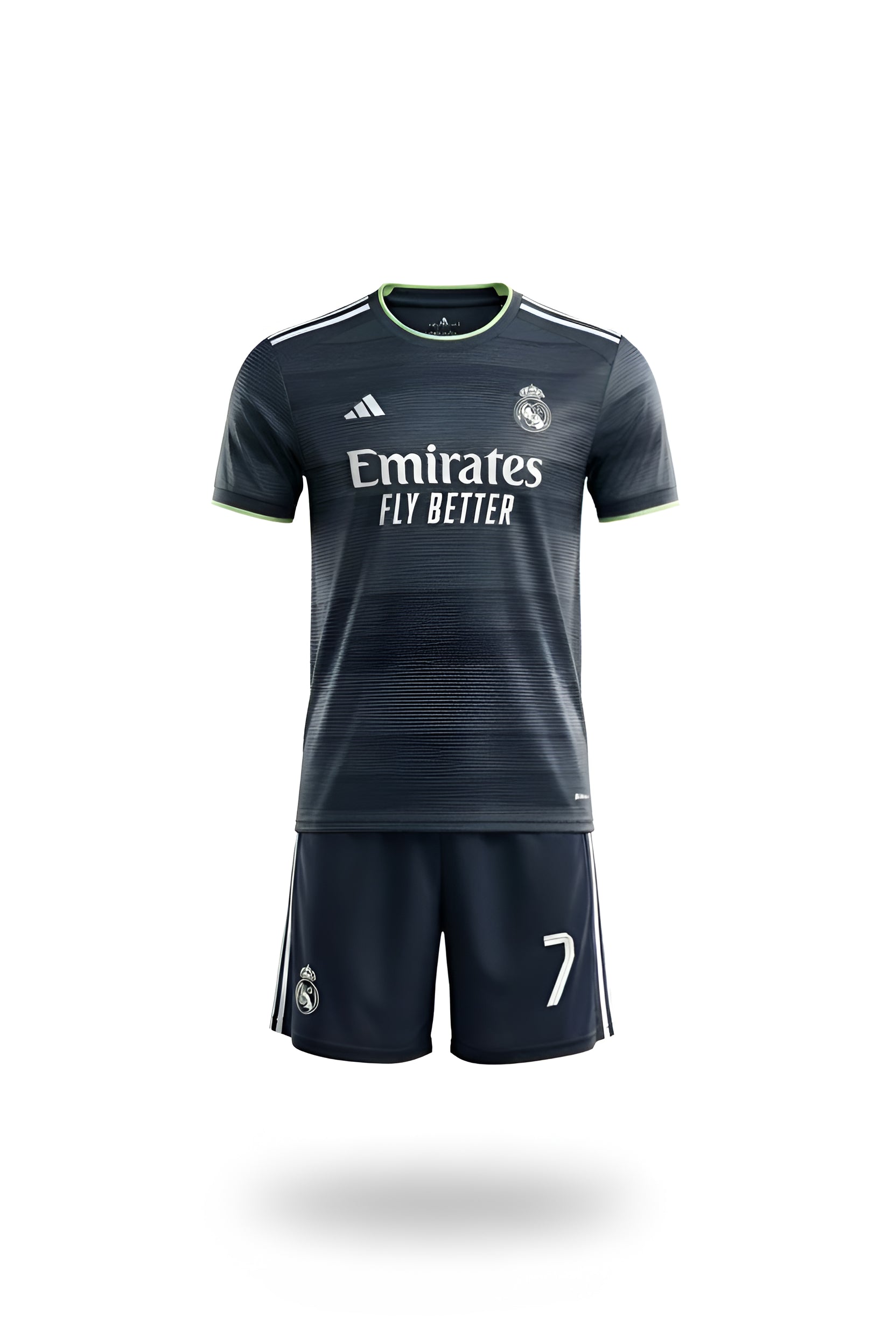 Ensemble de soccer - Ronaldo noir et vert fluo, maillot manches courtes et short, polyester, pour garçon, vue de face.