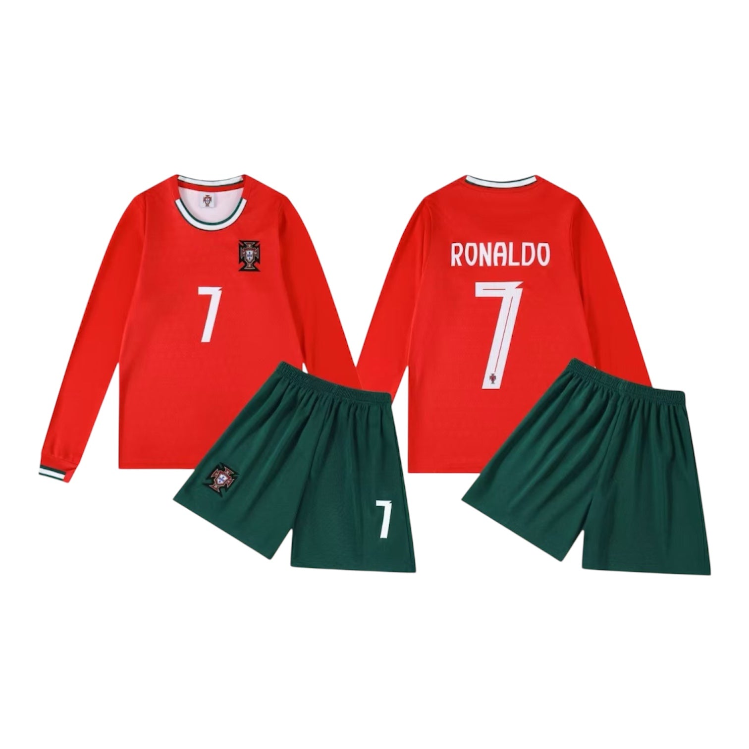 L'Ensemble de soccer - Ronaldo by Ronaldo comprend un maillot rouge à manches longues et un short vert, tous deux avec le numéro 7. Le dos du maillot affiche "RONALDO" au-dessus du numéro.
