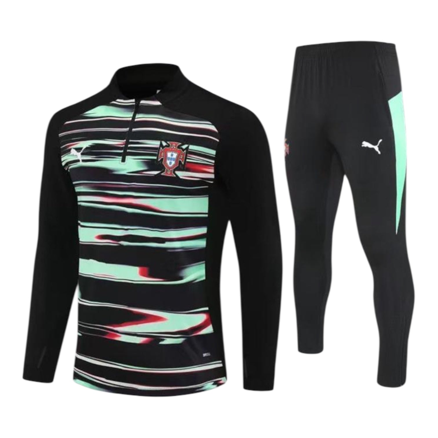 Ensemble de soccer - Ronaldo noir avec motifs vert clair et rouges, polyester, style sportif pour enfant, vue de face et profil.