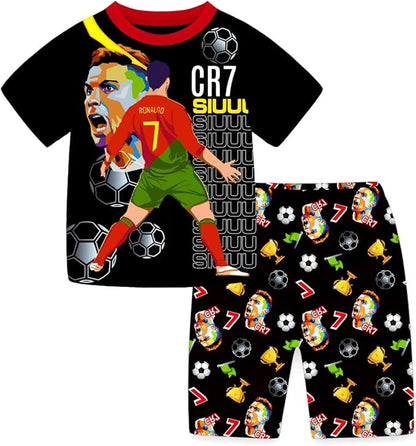 Pyjama Junior - Ronaldo noir avec motifs joueur de football CR7 rouge et vert, polyester, pour garçon, vue de face et de dos.