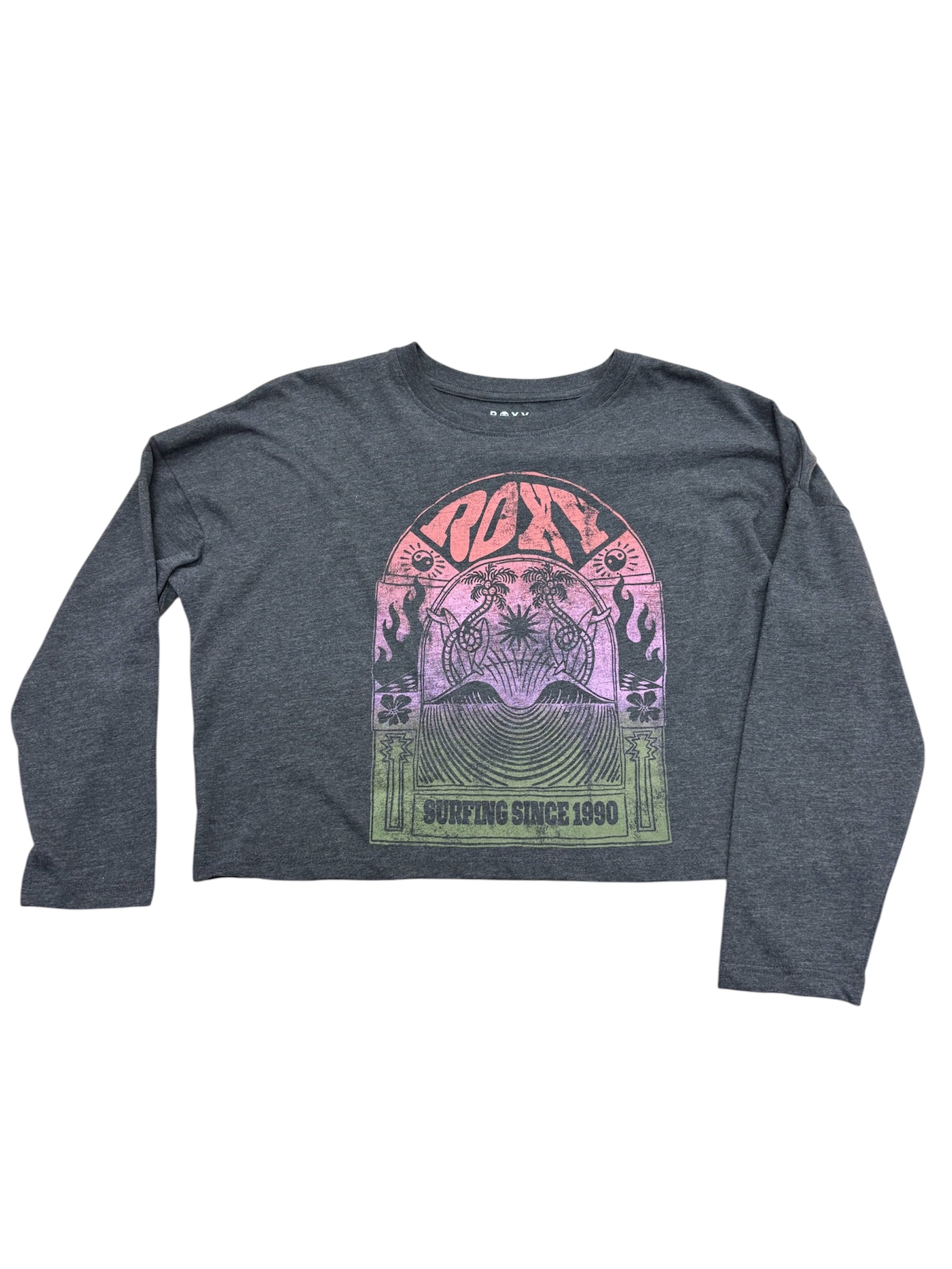 T-Shirt - Roxy gris foncé crop top manches longues avec motif coloré vintage, femme, vue de face.