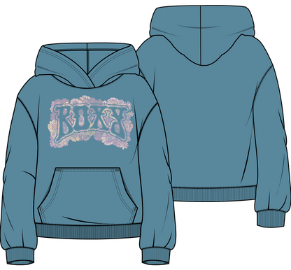 Hoodie - Roxy bleu avec inscription et fleurs roses et blanches, tissu molleton 60% coton 40% polyester, fille, vue de face et dos