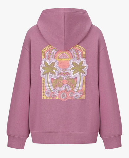 Hoodie - Roxy mauve avec capuche, motif palmier et fleurs colorées dans le dos, en molleton 60% coton 40% polyester, fille, vue de dos.