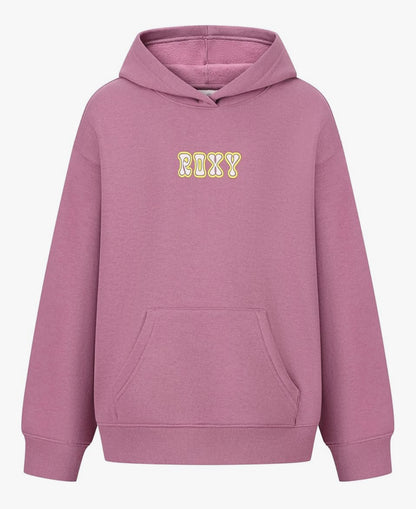 Hoodie - Roxy violet lavande en molleton coton-poly, imprimé logo jaune, pour fille, vue de face.