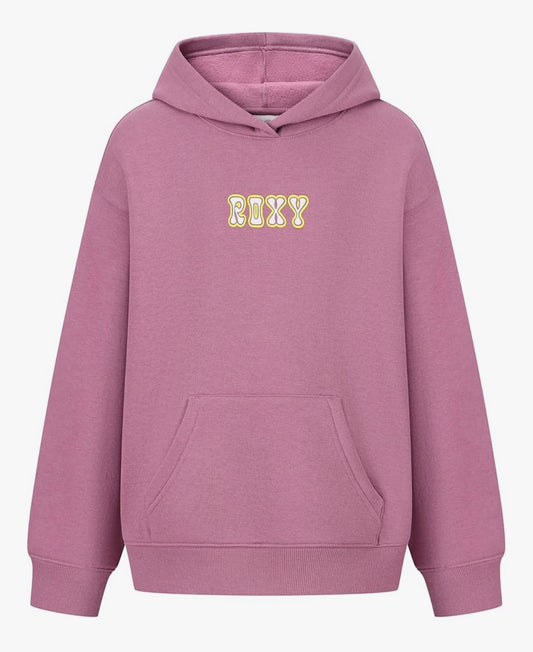 Hoodie - Roxy violet lavande en molleton coton-poly, imprimé logo jaune, pour fille, vue de face.