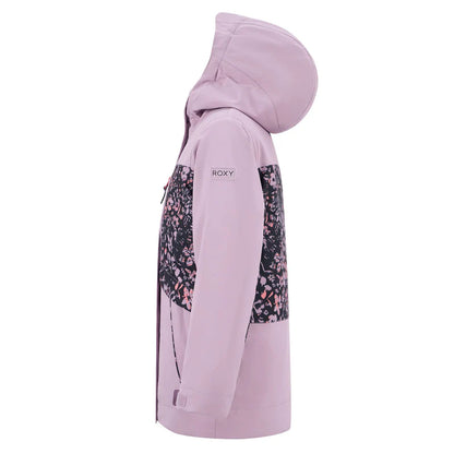Manteau d'hiver Floral Block - Roxy rose pâle avec motif floral noir et rose, tissu polyester, pour fille, vue de profil côté gauche.