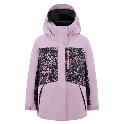 Manteau d'hiver Floral Block - Roxy rose clair et noir avec motifs floraux roses, isolation polyester, pour fille, vue de face.