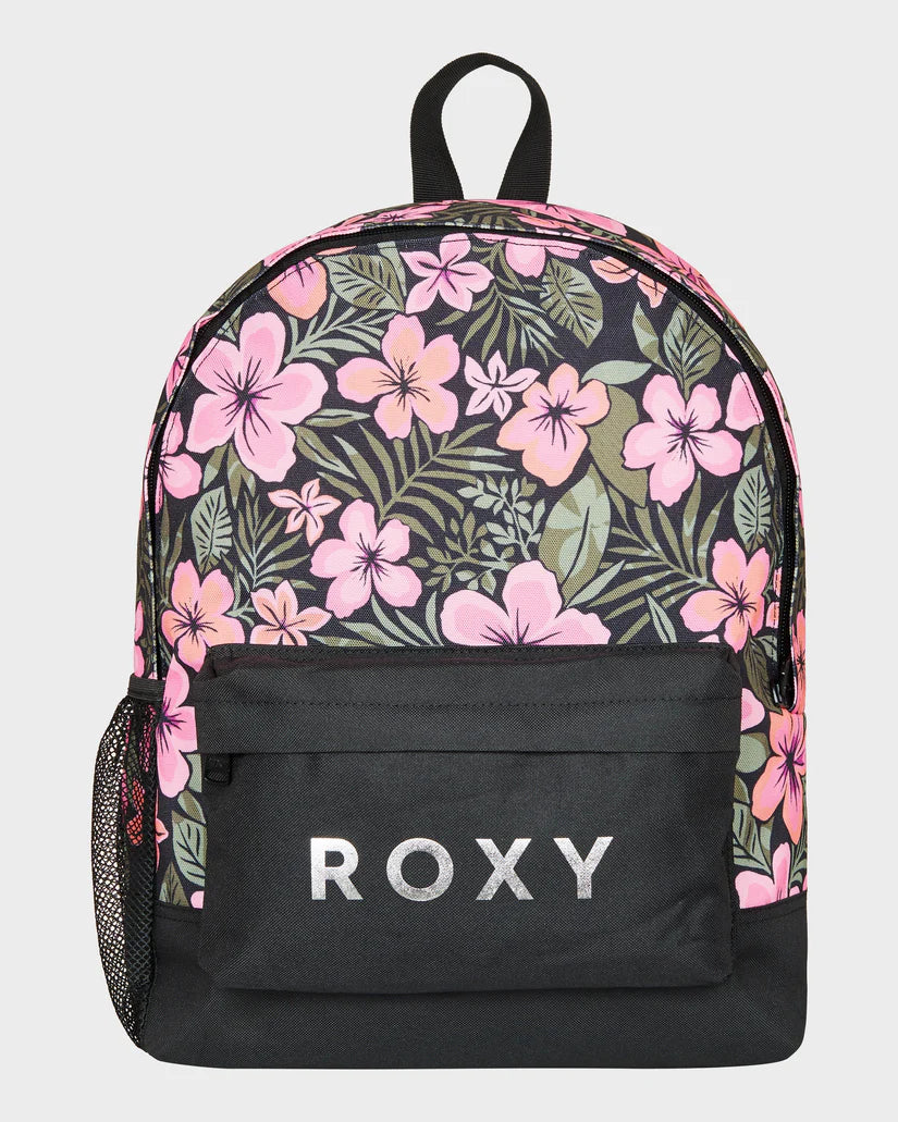 Sac à dos  - Roxy moyen avec fleurs roses et feuilles vertes sur fond noir, poche avant noire, pour fille, vue de face.