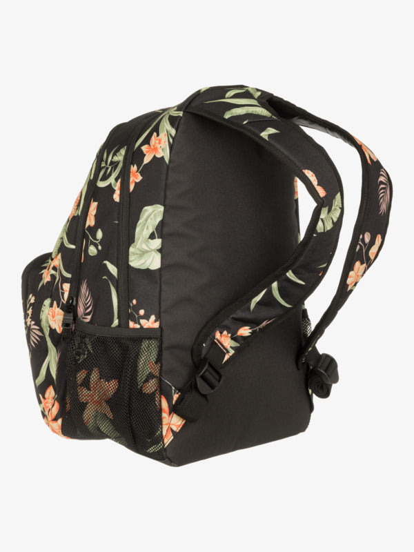 Sac à dos Shadow Swell 24L  - Roxy noir avec motifs floraux verts et orange, tissu polyester recyclé, pour fille, vue de profil arrière.