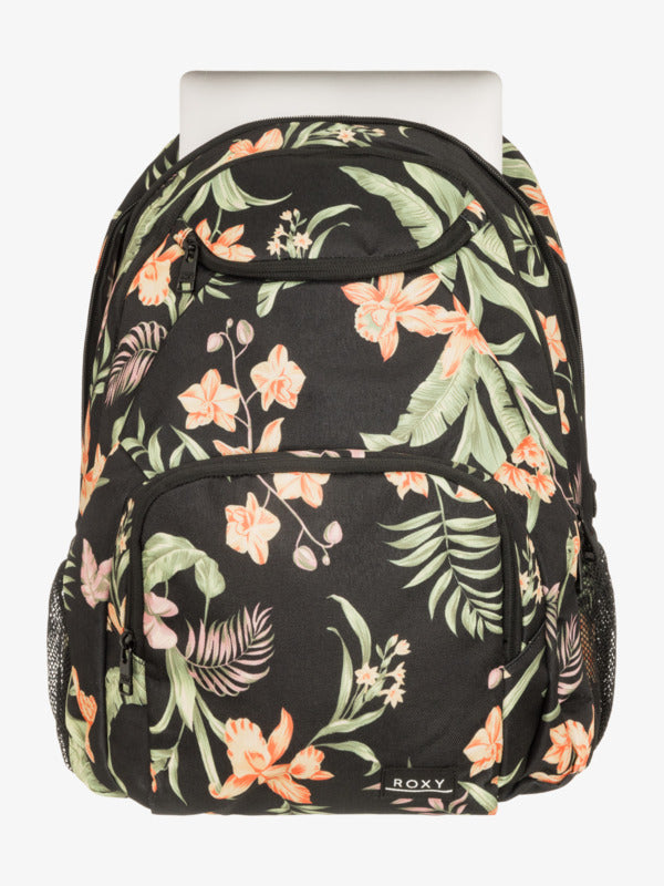 Sac à dos Shadow Swell 24L  - Roxy noir avec imprimé floral orange et vert, tissu polyester recyclé, pour fille, vue de face.