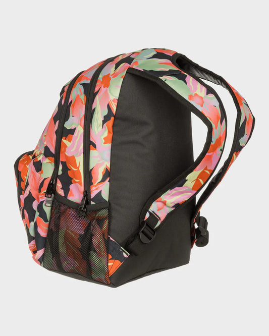 Sac à dos Shadow Swell 24L - Roxy à motif floral orange, rose et vert, tissu polyester recyclé, pour fille, vue de profil côté dos.