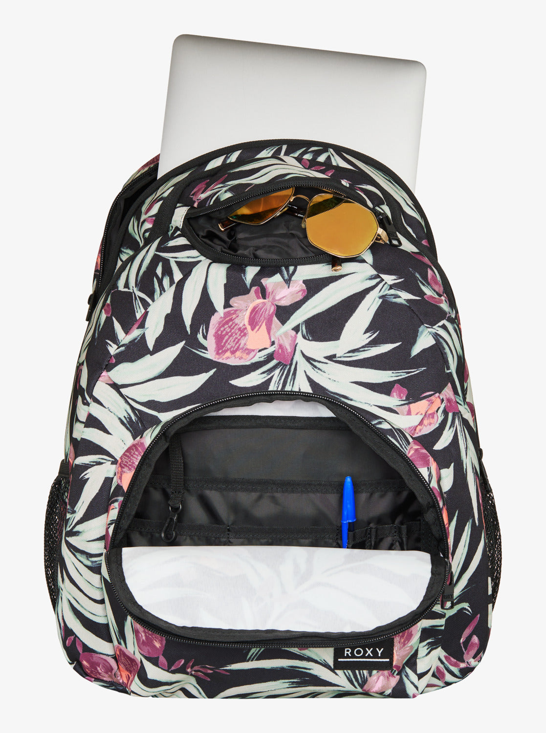 Sac à dos Shadow Swell Printed - Roxy noir à motifs floraux roses et verts, compartiments ouverts, vue de face