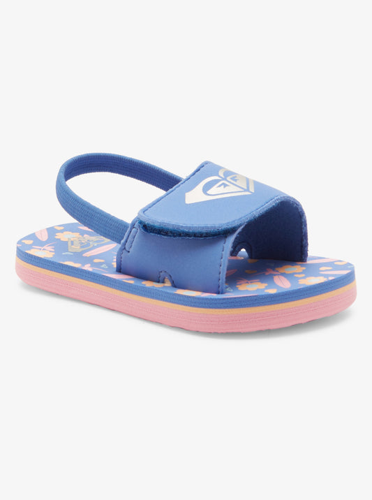 Sandales - Roxy bleu avec semelle rose et motifs, bride élastique arrière, pour fille, vue de profil côté gauche