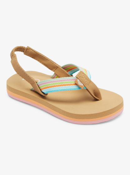 Sandales - Roxy pour fille beige avec sangle tissée à rayures pastel, vue de côté angle avant.