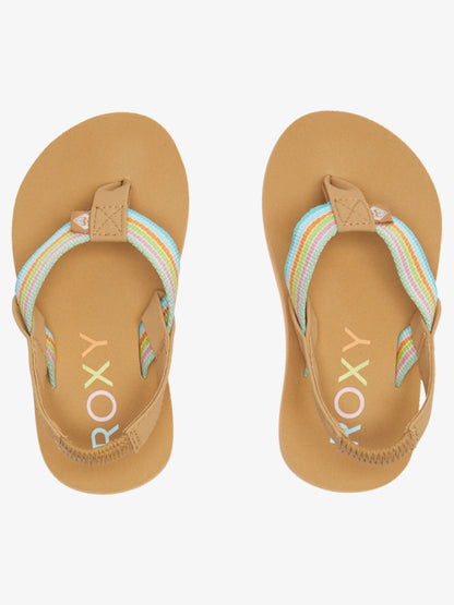 Sandales - Roxy pour fille, vue de dessus, semelle marron, sangle tissée multicolore en polyester recyclé.