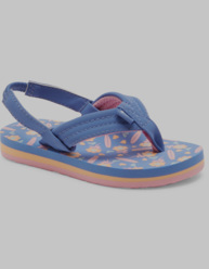 Sandales - Roxy bleu avec semelle imprimée rose et orange, bride arrière élastique, pour fille, vue de trois-quarts côté extérieur