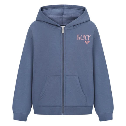 Veste - Roxy bleue avec capuche et fermeture zippée, logo rose côté cœur, en coton polyester, pour fille, vue de face