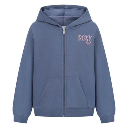 Veste - Roxy bleue avec capuche et fermeture zippée, logo rose côté cœur, en coton polyester, pour fille, vue de face