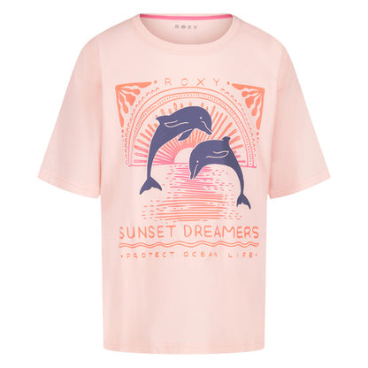 T-Shirt - Roxy rose en coton 100% avec motif dauphins coucher de soleil vue galerie position 1 paysage