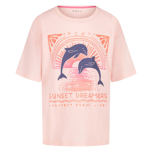 T-Shirt - Roxy rose en coton 100% avec motif dauphins coucher de soleil vue galerie position 1 paysage