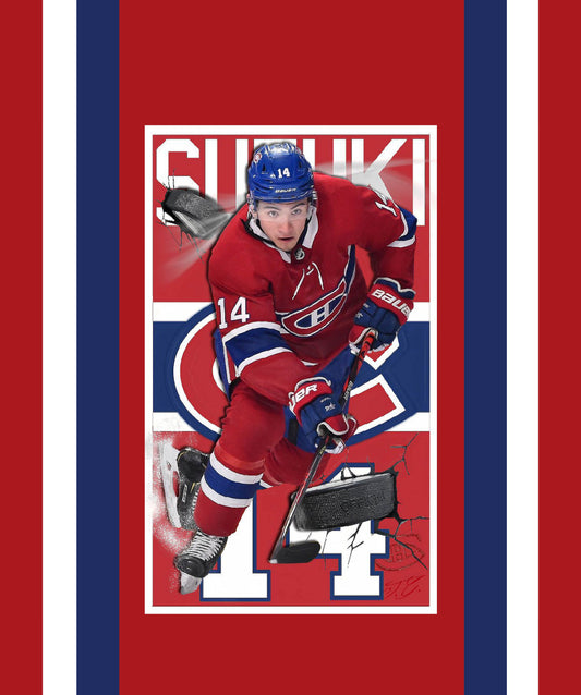 Couverture - Suzuki rouge et bleu avec joueur de hockey en action, motif dynamique, style sport, vue de face.