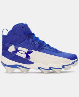Chaussures de baseball UA Harper 10 - Under Armour bleu et blanc, haute, matière textile et caoutchouc, vue de profil droit.