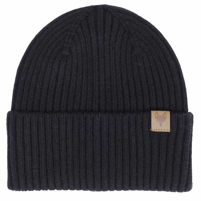Tuque Mi-Saison - Calikids noire en tissu côtelé extensible, détail étiquette renard, vue de face, enfant.