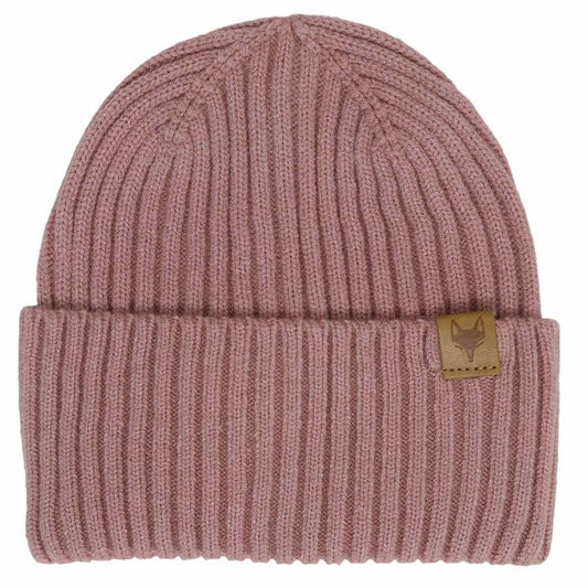 Tuque Mi-Saison - Calikids en tricot côtelé rose pâle, détail logo renard en cuir, pour enfant, vue de face.