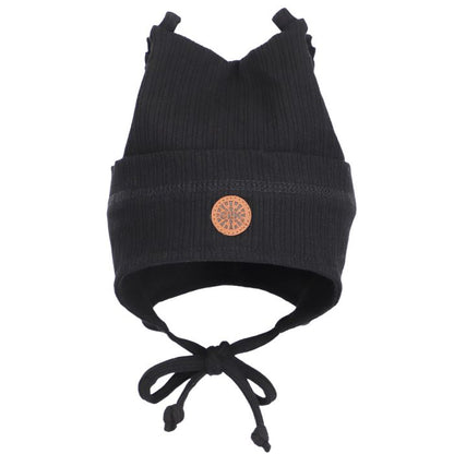 Tuque Mi-Saison - Calikids noire en tricot côtelé avec liens à nouer pour enfant vue de face