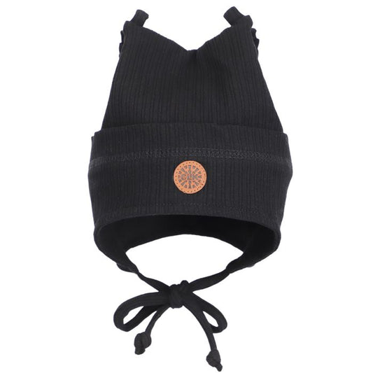 Tuque Mi-Saison - Calikids noire en tricot côtelé avec liens à nouer pour enfant vue de face