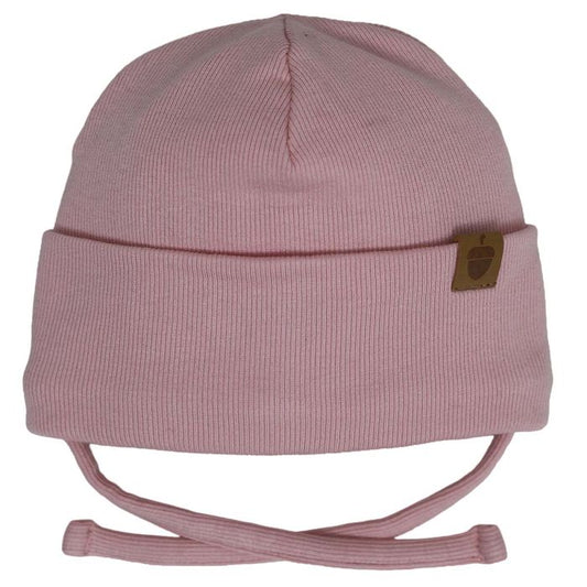 Tuque Mi-Saison - Calikids rose en tricot côtelé avec liens à nouer pour bébé ou enfant vue de face