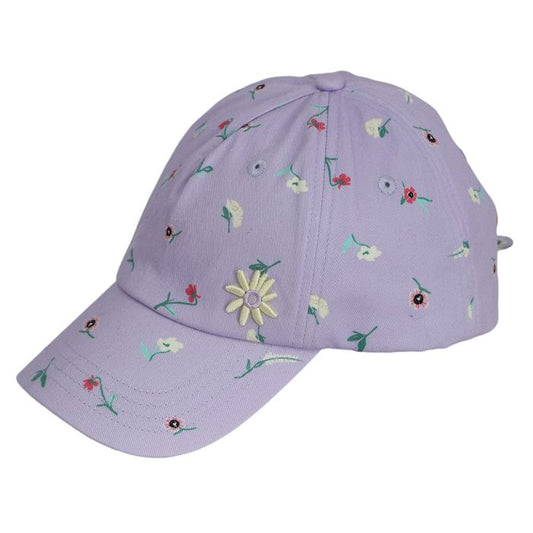 Casquette - Calikids en coton lilas avec motifs fleurs jaunes et rouges, taille enfant, vue de profil côté gauche, gallery 1