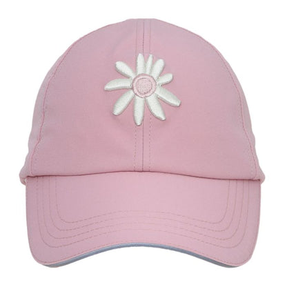 Casquette - Calikids rose avec broderie marguerite, vue galerie 1 format carré 700x700, ouverture pour queue de cheval.