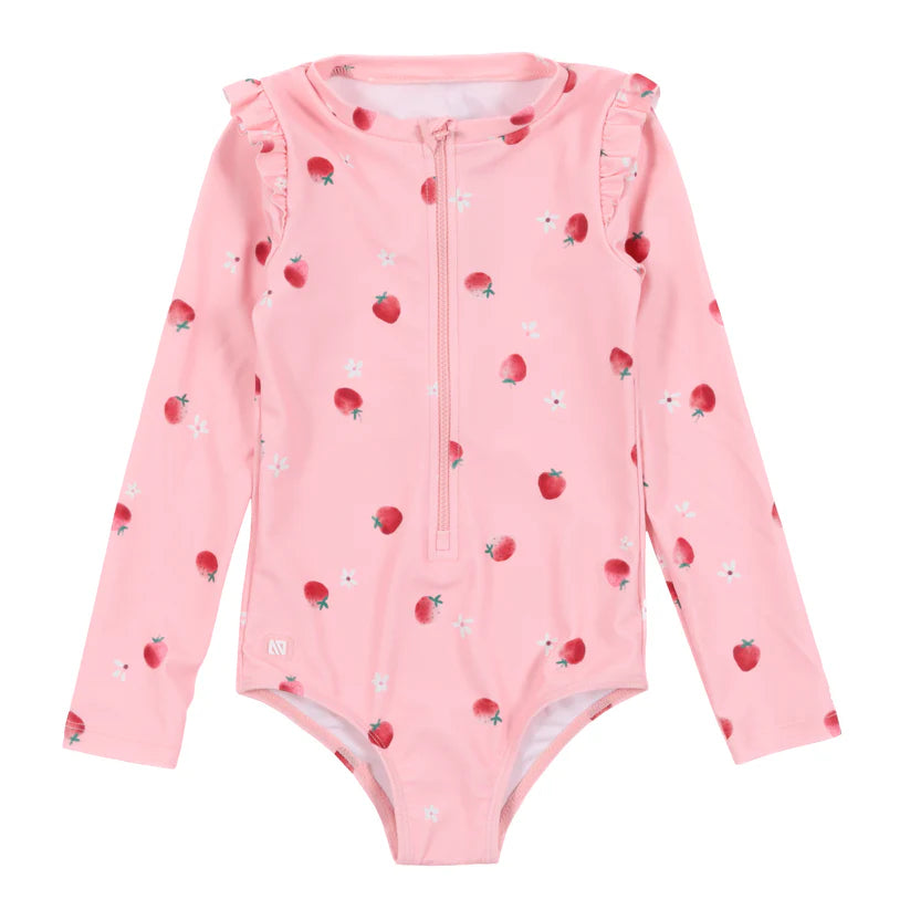 Maillot de bain - Nanö rose imprimé fraises rouges et blanches, manches longues avec volants, pour bébé fille, vue de face