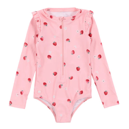 Maillot de bain - Nanö rose imprimé fraises rouges et blanches, manches longues avec volants, pour bébé fille, vue de face