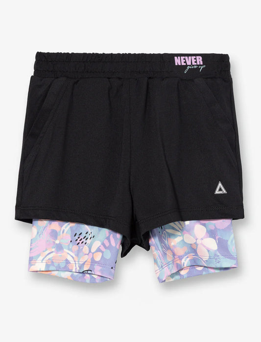 Short - M.I.D. short noir avec doublure intérieure à motif floral violet et rose, élastique imprimé noir, vue de face et dos.