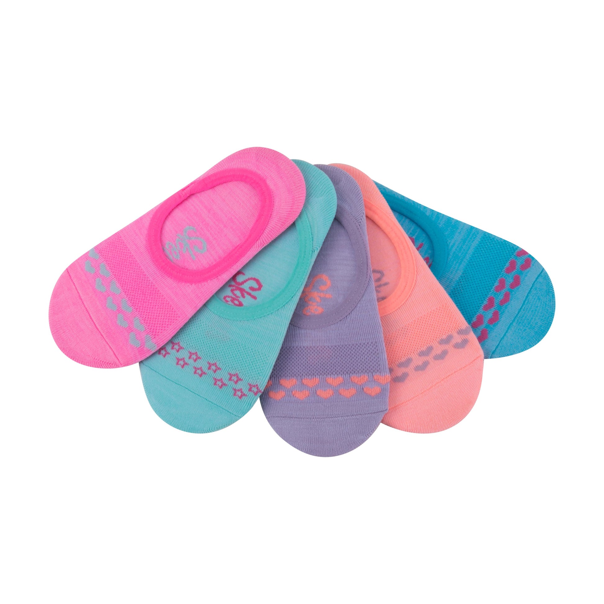 5 Paires de bas - Skechers colorés rose, turquoise, violet, corail et bleu, pour fille, vue de dessus en éventail