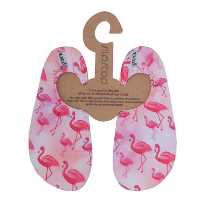 Slip Stop chaussons rose clair avec flamants roses, tissu respirant, semelles antidérapantes, pour enfant, vue de dessus.