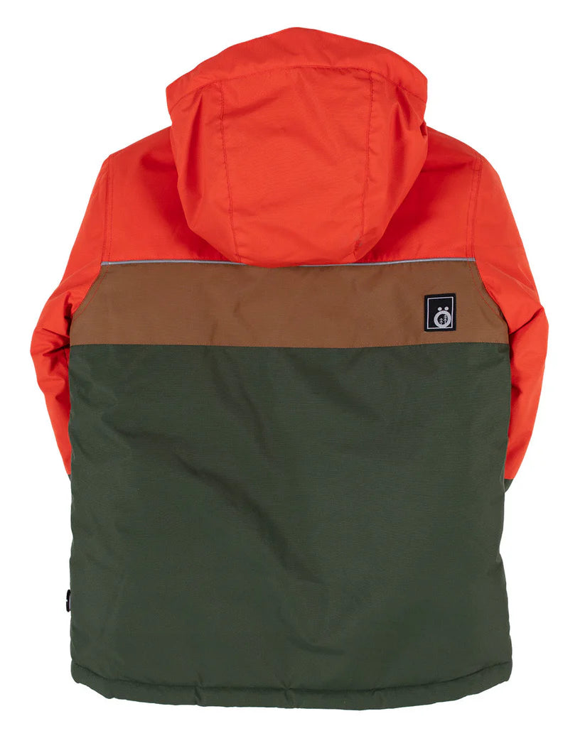 Manteau d'hiver - Snö orange, marron et vert, tissu isolant, capuchon, pour garçon, vue de dos