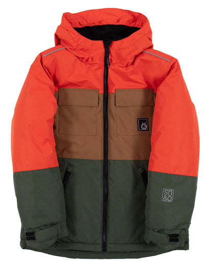 Manteau d'hiver - Snö tricolore orange, marron et vert avec capuchon et fermeture zippée, pour garçon, vue de face