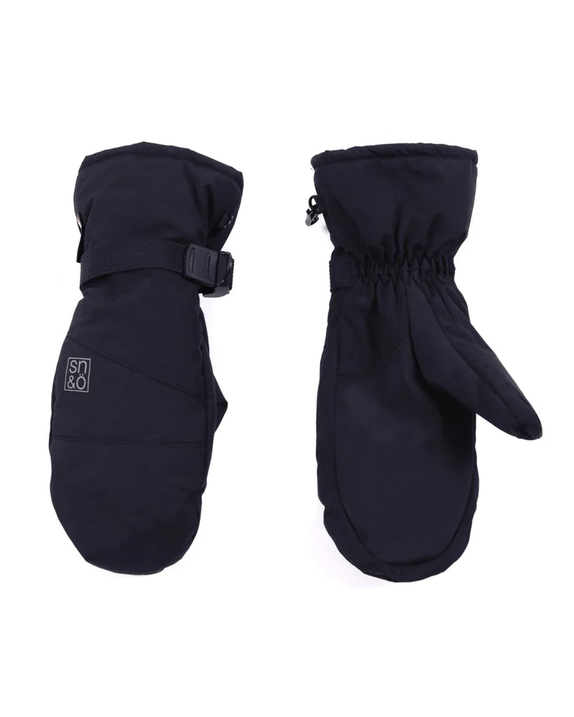 Mitaines d'hiver - Snö noires en nylon avec doublure micropolaire, bande ajustable, vue de face et dos.