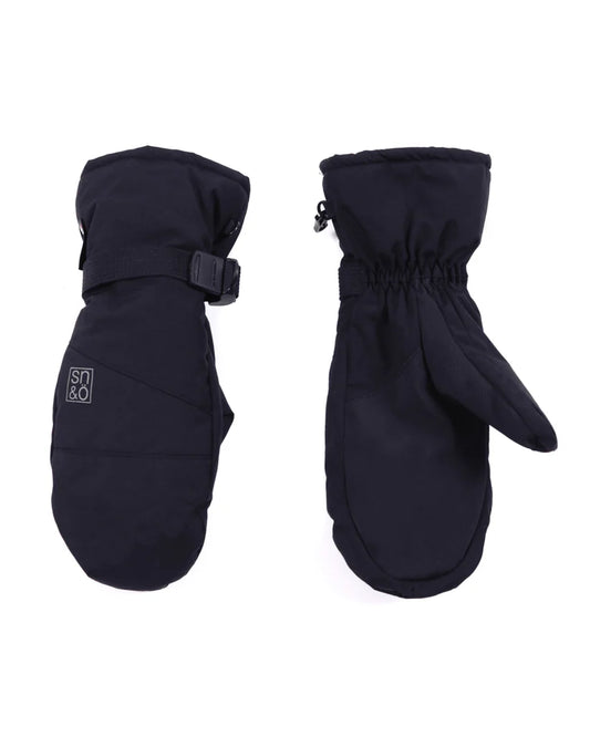 Mitaines d'hiver - Snö noires en nylon avec doublure micropolaire, bande ajustable, vue de face et dos.