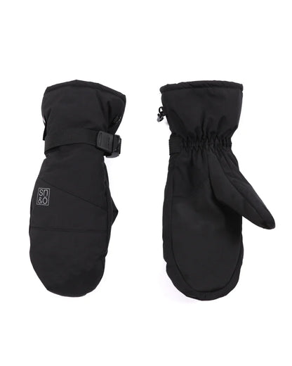 Mitaines d'hiver - Snö noires en nylon doublées micropolaire avec paume en PU texturé, vue de face et dos, enfant.
