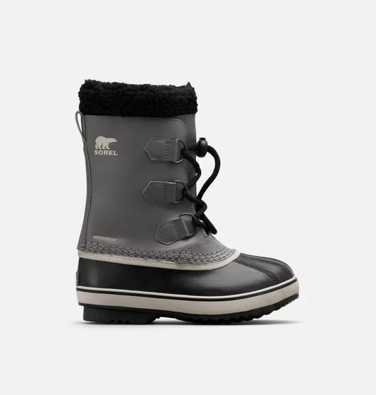 Bottes d'hiver - Sorel Yoot Pac grises et noires en cuir imperméable avec fourrure intérieure, pour enfant, vue de profil gauche.