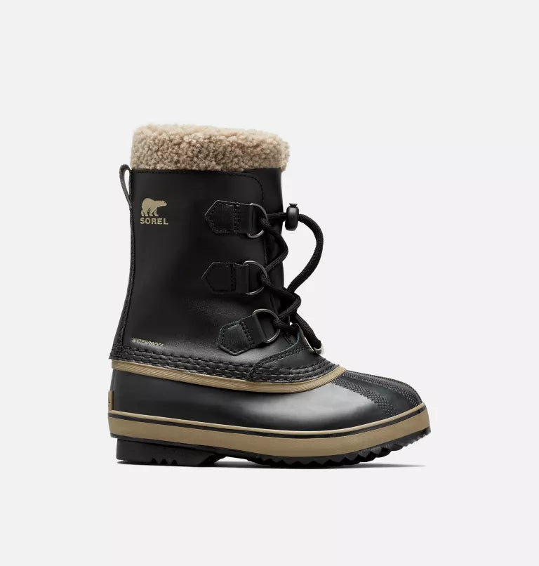 Bottes d'hiver - Sorel Yoot Pac noires en cuir imperméable avec doublure textile beige, lacets, pour enfant, vue de profil gauche