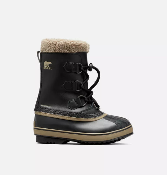 Bottes d'hiver - Sorel Yoot Pac noires en cuir imperméable avec doublure textile beige, lacets, pour enfant, vue de profil gauche