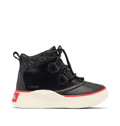 Bottes Mi-Saison OUT N ABOUT IV - Sorel noir et blanc avec détails rouges, cuir et tissu imperméable, pour enfant, vue de profil droit