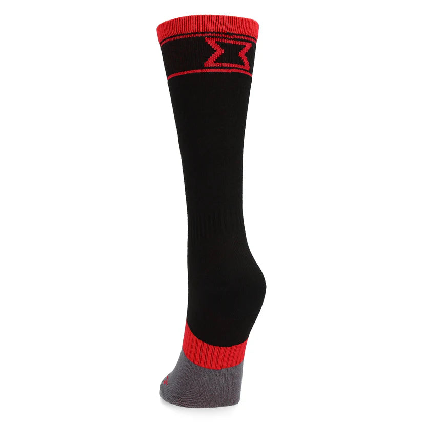 Bas thermal - Spyder noir et rouge avec talon gris, en acrylique et nylon, style sportif, vue de dos sur mannequin adulte
